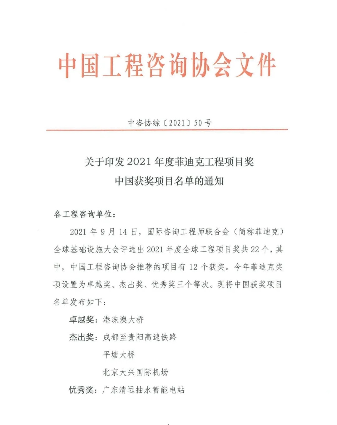 祝贺港珠澳大桥和大兴国际机场荣获国际工程行业“诺贝尔奖”的菲迪克(FIDIC)全球工程项目奖